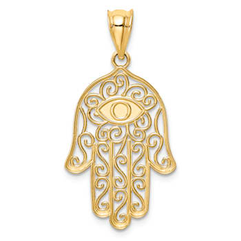 14k Yellow Gold Polished Filigree Textured and Enameled Hamsa Pendant