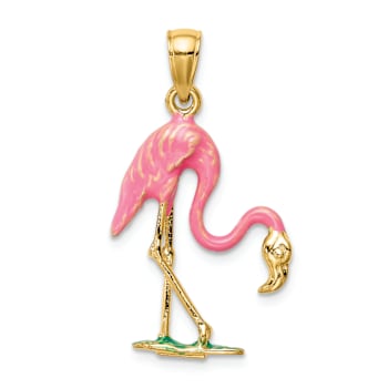 14k Yellow Gold Multi-color Enameled 3D Pink Flamingo Pendant