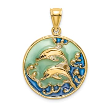 14k Yellow Gold Dolphins with Blue Enameled Pendant
