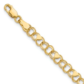 14k Yellow Gold 4mm Double Link Heart Charm Bracelet