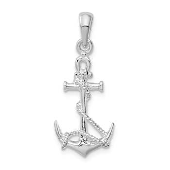 Rhodium Over Sterling Silver 3D Anchor with Rope and Shackle Pendant