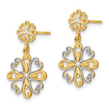 14k Two-tone Textured Beaded Heart Petal Floral Dangle Earrings