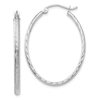 Rhodium Over 14k White Gold 1 3/8" Diamond-Cut Oval Hoop Earrings