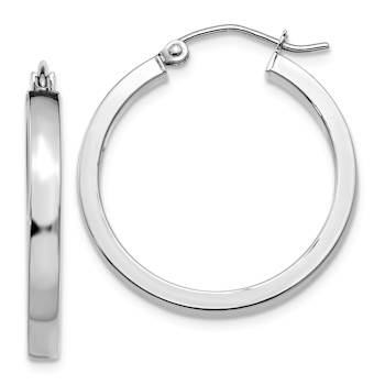 Rhodium Over 14k White Gold 1" Rectangle Tube Hoop Earrings