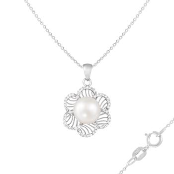 9-10mm Button White Cultured Freshwater Pearl and CZ Rhodium Over
Sterling Silver Pendant