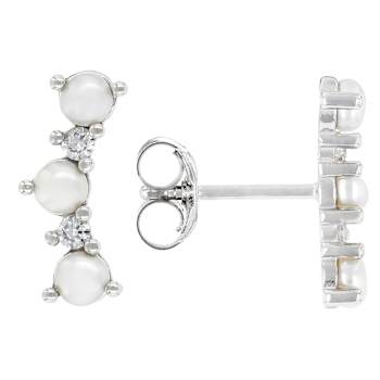 Pearl And CZ Ear Climbers In Sterling Silver