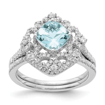 Rhodium Over 14K White Gold Aquamarine Vintage Diamond Halo Engagement Ring