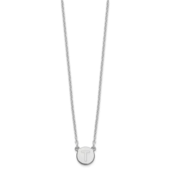Rhodium Over Sterling Silver Tiny Circle Block Letter T  Initial Necklace