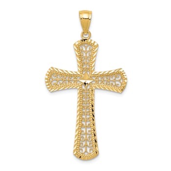 14k Yellow Gold Diamond-Cut Textured Filigree Cross Pendant