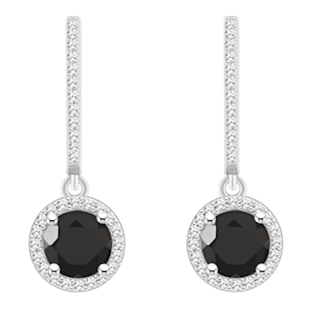 6mm Round Black Onyx 1/3 ctw Diamond Rhodium Over Sterling Silver Halo
Dangle Earrings