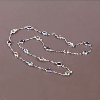 Multi Gemstone Rhodium Over Sterling Silver Station Necklace