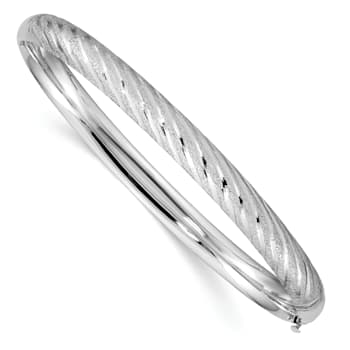 Rhodium Over 14k White Gold 6.2mm Textured and Diamond-Cut Twisted
Hinged Bangle