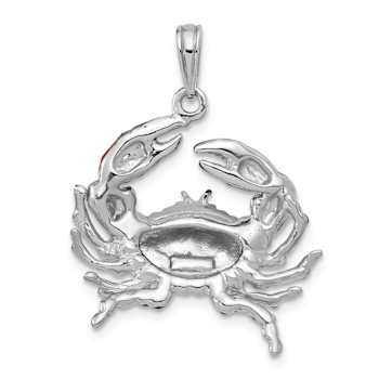 Rhodium Over Sterling Silver Polished Enameled Blue Stone Crab Pendant