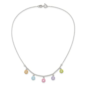 Sterling Silver Polished Multi-color Enameled Flowers Children's Necklace