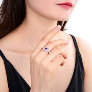 Lab Created Purple Sapphire with White Topaz Accents Sterling Silver
Halo Ring, 1.14ctw