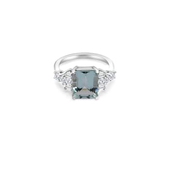 9x7mm Rectangular Octagonal Aquamarine and White CZ Rhodium Over
Sterling Silver Ring, 2.10ctw