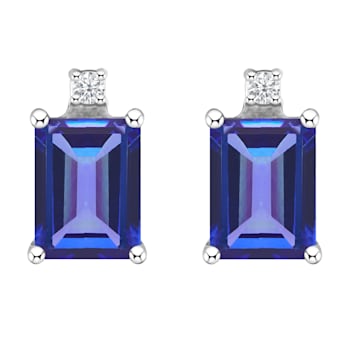 6x4mm Emerald Cut Tanzanite with Diamond Accents 14k White Gold Stud Earrings
