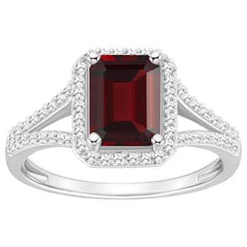 8x6mm Emerald Cut Garnet 1/4 ctw Diamond Rhodium Over Sterling Silver
Halo Ring
