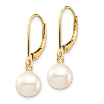 10k Yellow Gold 7-8mm White Round Freshwater Cultured Pearl Dangle Earrings