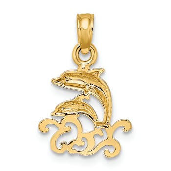 10K Yellow Gold Textured Mini Double Dolphins and Waves Charm