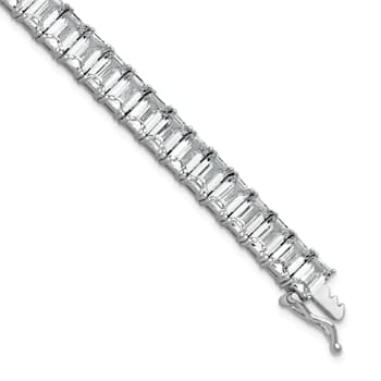 Rhodium Over Sterling Silver Polished Emerald-cut Cubic Zirconia Tennis Bracelet