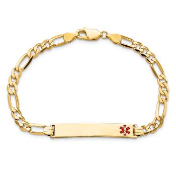 14k Yellow Gold Medical Red Enamel Flat Figaro Link ID Bracelet