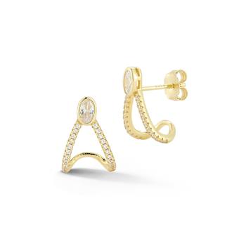 Rachel Zoe CZ Pave J-Hoop Stud Earrings in 14K Gold Over Sterling Silver