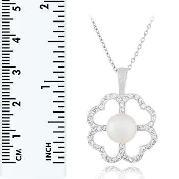 9-10mm Button White Cultured Freshwater Pearl and CZ Rhodium Over
Sterling Silver Pendant