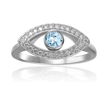 Blue Topaz with Moissanite Accents Rhodium Over Sterling Silver Evil Eye
Halo Ring