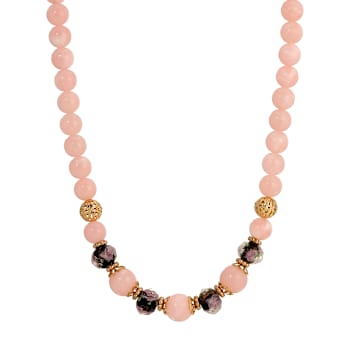 Yellow Base Metal Pink Faux Pearl & Multi Color Beads Necklace 15
inch Adj.