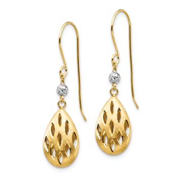 14k Two-tone Diamond-Cut and Brushed Moveable Teardrop Dangle Earrings