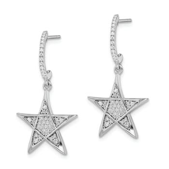 Rhodium Over 14k White Gold Polished Diamond Star Dangle Earrings