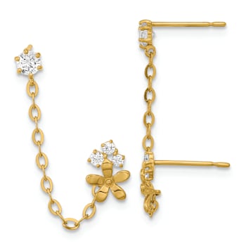 14K Yellow Gold Cubic Zirconia Children's Double Post with Chain Flower Earrings