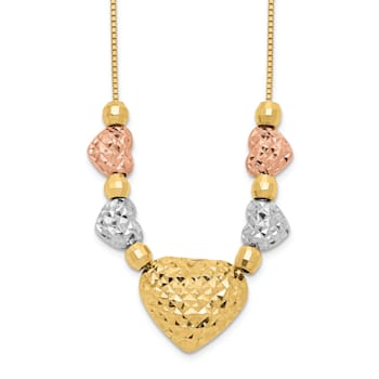 14K Tri-color Puff and Flat Hearts Necklace