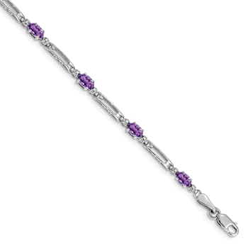 Rhodium Over 10k White Gold Diamond and Amethyst Bracelet