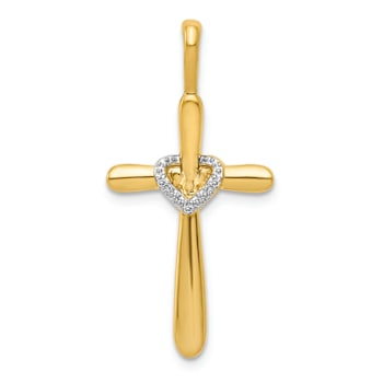 10k Yellow Gold and Rhodium Over 10k Yellow Gold Diamond Cross with
Heart Pendant