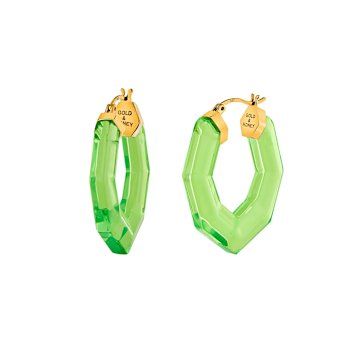14K Yellow Gold Over Sterling Silver Pear Gem Acrylic Hoops in Green