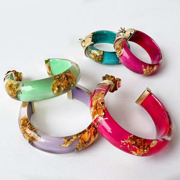 14K Yellow Gold Over Sterling Silver Small Gold Leaf Acrylic Hoop
Earrings in Mint