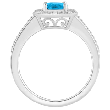8x6mm Oval Blue Topaz 1/5 ctw Diamond Rhodium Over Sterling Silver Halo Ring