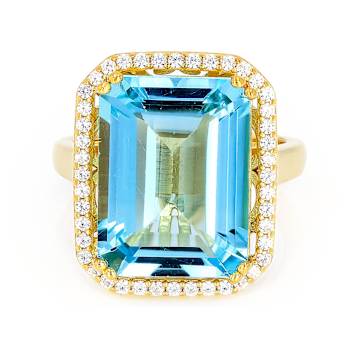 Blue Topaz And White Zircon Ring In 18K Gold Over Sterling Silver 11.93ctw