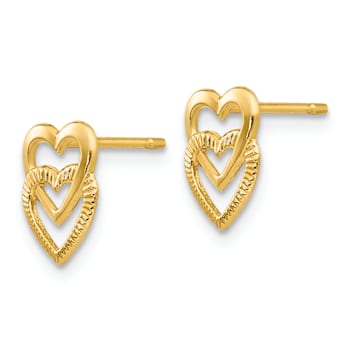 14k Yellow Gold Polished and Textured Double Heart Stud Earrings
