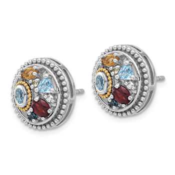 Sterling Silver Rhodium-plated with 14K Accent Multi Gemstone Stud Earrings