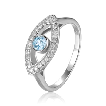 Blue Topaz with Moissanite Accents Rhodium Over Sterling Silver Evil Eye
Halo Ring