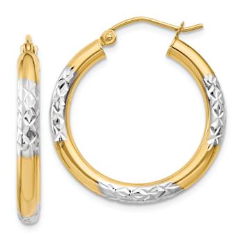 14k Yellow Gold and Rhodium Over 14k Yellow Gold 1" Diamond-Cut
Hoop Earrings