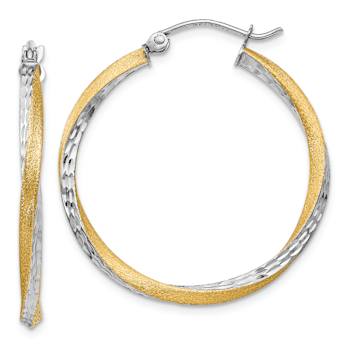 14k Yellow Gold and Rhodium Over 14k Yellow Gold 1 3/16" Satin
Diamond-cut Twisted Hoop Earrings