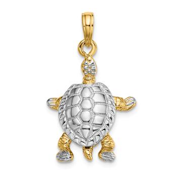 14K Two-tone Gold  3D Textured Land Turtle with Moveable Head Charm