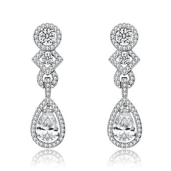 CZ Teardrop Halo Dangle Earrings In Sterling Silver