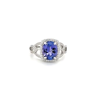 Rhodium Over Sterling Silver Oval Tanzanite and White Zircon Ring 2.38ctw