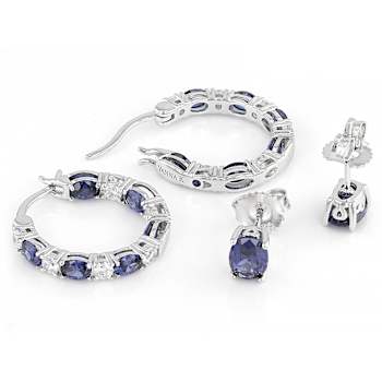 Blue And White CZ Stud And Hoop Earring Set In Platinum-Enhanced
Sterling Silver 5.18ctw