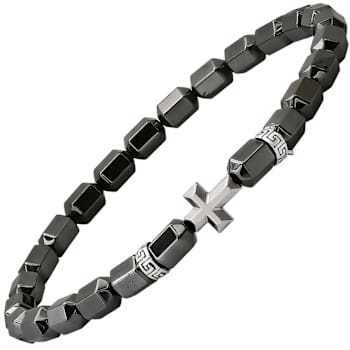 Black Hematite Cross Charm Beaded Stretch Bracelet In Sterling Silver